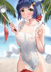 Rule 34 | 1girl, :q, absurdres, apron, bare arms, bare shoulders, beach, blue hair, blush, bow, breasts, closed mouth, collarbone, covered erect nipples, covered navel, day, frilled apron, frills, genshin impact, hair bow, hair ornament, hairclip, hands up, highres, holding, ladle, looking at viewer, naked apron, nipples, ocean, outdoors, panties, unworn panties, red bow, red panties, see-through, short hair, skai kun, small breasts, smile, solo, thigh strap, tongue, tongue out, underwear, water, wet apron, white apron, xiangling (genshin impact), yellow eyes