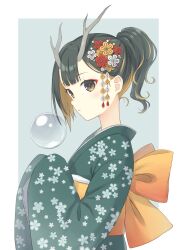 Rule 34 | 104 (luins104), 1girl, antlers, bow, floral print, flower, from side, green eyes, green hair, green kimono, hair flower, hair ornament, highres, horns, hydrokinesis, japanese clothes, kimono, original, parted lips, ponytail, short ponytail, slit pupils, upper body, water