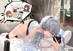 Rule 34 | 1boy, 404 (girls&#039; frontline), 4girls, alcohol, anniversary, artist name, assault rifle, bed, beer, black shorts, blue hair, brown eyes, brown hair, bullpup, caseless firearm, character name, clock, commander (girls&#039; frontline), cup, english text, ezzi, full body, g11 (girls&#039; frontline), girls&#039; frontline, green eyes, grey eyes, grey hair, griffin &amp; kryuger, gun, h&amp;k g11, hand on own cheek, hand on own face, highres, hk416 (girls&#039; frontline), holding, holding cup, legs, light blue hair, long hair, looking at clock, lying, monocle, multiple girls, open mouth, pillow, prototype design, red eyes, rifle, scar, scar across eye, shirt, shorts, side ponytail, sleeping, teardrop facial mark, teardrop tattoo, thought bubble, twintails, ump45 (girls&#039; frontline), ump9 (girls&#039; frontline), weapon, white hair, white shirt