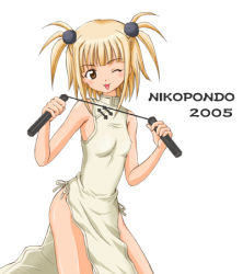 Rule 34 | 00s, 1girl, aoyama reo, bare shoulders, blonde hair, blush, breasts, china dress, chinese clothes, dress, flat chest, grey eyes, kufei, lowres, mahou sensei negima!, nunchaku, one eye closed, short hair, short twintails, small breasts, solo, twintails, two side up, weapon, wink
