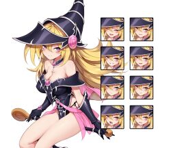 Rule 34 | 1girl, bare shoulders, blonde hair, blush stickers, breasts, capelet, cleavage, closed mouth, collar, collarbone, commentary request, detached collar, dress, duel monster, elbow gloves, expression chart, gloves, grin, hat, high heels, highres, large breasts, laughing, long hair, looking at viewer, magi magi magician gal, momihige, open mouth, pelvic curtain, pentacle, pink capelet, pout, purple eyes, second-party source, shiny skin, short dress, simple background, smile, tattoo, thighs, wand, white background, wizard hat, yu-gi-oh!