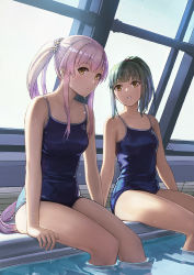 Rule 34 | 2girls, blue one-piece swimsuit, breasts, brown eyes, commentary request, competition school swimsuit, green hair, indoors, kantai collection, long hair, looking at viewer, medium breasts, multiple girls, one-piece swimsuit, pink hair, ponytail, pool, poolside, rei no pool, school swimsuit, sitting, soaking feet, solo, swimsuit, tantaka, very long hair, water, wet, yellow eyes, yura (kancolle), yuubari (kancolle)