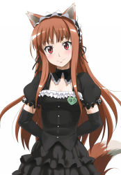 Rule 34 | 00s, 1girl, alternate costume, animal ears, arms behind back, bad id, bad pixiv id, blush, brown hair, detached collar, elbow gloves, enmaided, gloves, heart, holo, long hair, maid, maid headdress, name tag, puffy short sleeves, puffy sleeves, red eyes, ribbon-trimmed sleeves, ribbon trim, short sleeves, simple background, smile, solo, spice and wolf, tail, waitress, white background, wolf ears, wolf tail, youkan