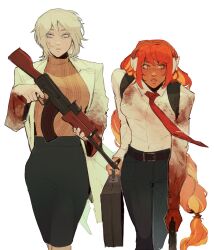 Rule 34 | 2400db, 2girls, absurdres, ak-47, alternate skin color, assault rifle, belt, black pants, black skirt, blonde hair, blood, blood on clothes, blood on face, blood on hands, blood on sleeves, briefcase, bright pupils, brown belt, closed mouth, coat, dark-skinned female, dark skin, dress shirt, faust (project moon), feet out of frame, freckles, grey eyes, gun, highres, holding, holding briefcase, holding gun, holding weapon, ishmael (project moon), kalashnikov rifle, lapels, limbus company, long hair, medium hair, multicolored hair, multiple girls, necktie, open clothes, open coat, orange hair, orange sweater, pants, parted lips, pencil skirt, project moon, red hair, red necktie, rifle, shirt, sideways glance, simple background, skirt, sweater, sweater tucked in, teeth, two-tone hair, weapon, white background, white coat, white pupils, white shirt, yellow eyes