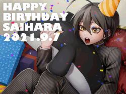 Rule 34 | 1boy, ahoge, black hair, box, brown eyes, confetti, danganronpa (series), danganronpa v3: killing harmony, dated, feet out of frame, gift, gift box, hair between eyes, happy birthday, hat, highres, holding, holding stuffed toy, jacket, male focus, niwatori panda, open mouth, party hat, saihara shuichi, short hair, sitting, solo, striped clothes, striped jacket, stuffed orca, stuffed toy, teeth
