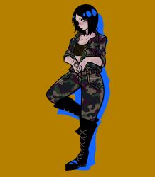 Rule 34 | 1girl, alternate costume, black footwear, black hair, blush, boots, breasts, camouflage, camouflage jacket, camouflage pants, collarbone, danganronpa: trigger happy havoc, danganronpa (series), freckles, body freckles, full body, hand tattoo, hands together, ikusaba mukuro, jacket, knee boots, leather, leather boots, orange background, pants, partially unzipped, small breasts, tattoo, woman soldier, zipper