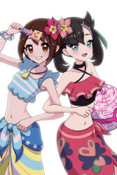 Rule 34 | 2girls, :d, absurdres, ball, bare shoulders, beachball, black hair, blue sarong, brown eyes, brown hair, creatures (company), flower, food, game freak, gloria (pokemon), gloria (summer 2021) (pokemon), green eyes, hair flower, hair ornament, hibiscus, highres, holding, holding ball, holding food, holding popsicle, jewelry, looking at viewer, marnie (pokemon), marnie (summer 2021) (pokemon), multiple girls, navel, nintendo, open mouth, pendant, pink flower, pokemon, pokemon masters ex, popsicle, red flower, red sarong, sarong, simple background, smile, stomach, white background, yuu (jgvj7873)