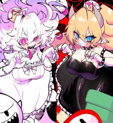 Rule 34 | 2girls, black dress, blonde hair, blue eyes, boo (mario), bowsette, bracelet, breasts, cleavage, collar, dress, fire flower, grin, highres, horns, industrial pipe, jewelry, large breasts, looking at viewer, luigi&#039;s mansion, mario (series), multiple girls, new super mario bros. u deluxe, nintendo, pink eyes, ponytail, princess king boo, ribbon, sharp teeth, smile, spiked bracelet, spiked collar, spikes, super crown, teeth, tongue, tongue out, usa37107692, white dress, white hair