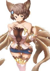 Rule 34 | 10s, 1girl, animal ears, bare shoulders, black thighhighs, blue skirt, boots, bracelet, breast suppress, breasts, brown hair, chestnut mouth, cleavage, clothing cutout, collarbone, detached sleeves, erune, frills, fur trim, granblue fantasy, grey eyes, grey hair, hair ornament, halterneck, jewelry, large breasts, looking away, looking to the side, miniskirt, short hair, side cutout, sideboob, simple background, skirt, solo, stella (granblue fantasy), sutera (granblue fantasy), thigh boots, thigh gap, thighhighs, tobi-mura, white background, white footwear