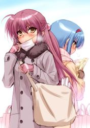Rule 34 | 2girls, back-to-back, bag, blue hair, blush, brown eyes, buttons, coat, comiket, double-breasted, fingerless gloves, futaki kanata, gloves, hair bobbles, hair ornament, hairband, handbag, holding, little busters!, long hair, long sleeves, looking at viewer, mouth mask, multiple girls, nishizono mio, paper, paper bag, purple hair, reading, shopping bag, short hair, smile, surgical mask, sweat, winter clothes, winter coat, yellow eyes, zen