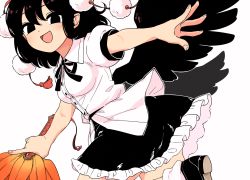 Rule 34 | 1girl, :d, bird wings, black eyes, black footwear, black hair, black ribbon, black skirt, black wings, breasts, buttons, collared shirt, dress shirt, frilled skirt, frills, hand fan, hauchiwa, holding, holding fan, leaf, leaf print, leg up, looking at viewer, maguro (mawaru sushi), maple leaf, neck ribbon, open mouth, outstretched arms, pom pom (clothes), puffy short sleeves, puffy sleeves, ribbon, shameimaru aya, shirt, shoes, short hair, short sleeves, skirt, small breasts, smile, socks, solo, touhou, white shirt, white socks, wings