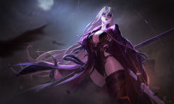 Rule 34 | 1girl, absurdres, breasts, clothing cutout, dungeon and fighter, female slayer (dungeon and fighter), garter straps, gloves, highres, large breasts, leotard, lips, long coat, long hair, nose, purple-tinted eyewear, purple-tinted glasses, rain, red eyes, round eyewear, ryu imo, side cutout, solo, spectre (dungeon and fighter), sunglasses, sword, thighhighs, tinted eyewear, very long hair, weapon, white background