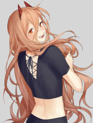 Rule 34 | + +, 1girl, alternate costume, back, black shirt, blush, chainsaw man, commentary, cross-laced clothes, cross-shaped pupils, demon horns, english commentary, from behind, grey background, hair between eyes, highres, horns, light brown hair, long hair, looking at viewer, looking back, open mouth, orange eyes, power (chainsaw man), pukunosu8, sharp teeth, shirt, simple background, smile, solo, symbol-shaped pupils, taut clothes, taut shirt, teeth, upper body, very long hair, wavy hair