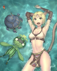 Rule 34 | 1girl, absurdres, animal ears, arms up, adventurer (ff11), blonde hair, blue eyes, breasts, cactus41747280, cat ears, cat girl, cat tail, circlet, cleavage, collarbone, crab, final fantasy, final fantasy xi, highres, loincloth, lying, mandragora (final fantasy), medium breasts, midriff, mithra (ff11), navel, no eyebrows, on back, parted bangs, partially submerged, short hair, solo, tail, tail raised, water, wet, wet hair