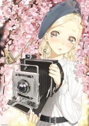 Rule 34 | 1girl, belt, beret, blonde hair, blush, brown eyes, camera, cherry blossoms, curly hair, hat, highres, long hair, looking at viewer, original, parted lips, solo, throtem