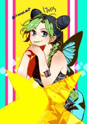 Rule 34 | 1girl, arm tattoo, black hair, blue eyes, braid, breasts, butterfly tattoo, butterfly wings, commentary request, dated, double bun, green hair, green lips, green nails, hair bun, hair over shoulder, insect wings, jojo no kimyou na bouken, korean commentary, kuujou jolyne, leaning on object, medium breasts, midriff, multicolored hair, navel, single braid, smile, solo, star (symbol), stone ocean, tattoo, tianel ent, twitter username, two-tone hair, wings