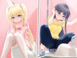 Rule 34 | 2girls, absurdres, aqua eyes, arm up, bathroom, black hair, blonde hair, blue eyes, blue footwear, blue pants, blush, bow, breasts, closed mouth, collarbone, commission, cross-laced footwear, denim, dress, embarrassed, female focus, flat chest, frilled shirt, frilled shorts, frills, from below, fujisawa yuzu, hair bow, hair flaps, hand up, hands on own knees, highres, indoors, jeans, knees together feet apart, leaning forward, long hair, looking down, misumi aoi, multiple girls, nose blush, off-shoulder dress, off shoulder, ongeki, open mouth, pants, pee, peeing, peeing self, pink background, pink shirt, puffy short sleeves, puffy sleeves, raised eyebrows, shirt, shirt tucked in, shoes, short shorts, short sleeves, shorts, sidelocks, sitting, skeb commission, small breasts, spread legs, squat toilet, squatting, suspender shorts, suspenders, tears, thighhighs, tile wall, tiles, toilet stall, toilet use, two side up, urabe miyabi, wet pants, white shorts, white thighhighs, yellow shirt