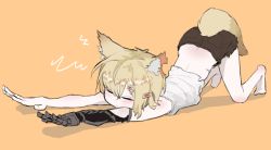 Rule 34 | 1girl, animal ear fluff, animal ears, arknights, barefoot, blonde hair, blouse, cat stretch, clothes lift, dusonson, earrings, closed eyes, fox ears, fox girl, fox tail, from side, hair ornament, hairclip, jewelry, medium hair, multiple earrings, navel, notched ear, orange background, prosthesis, prosthetic arm, scar, shirt, shirt lift, short shorts, shorts, simple background, solo, stretching, tail, vermeil (arknights), white background, white shirt, yellow eyes