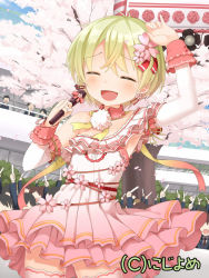 Rule 34 | 1girl, :d, ^ ^, arm up, blonde hair, blush, cherry blossoms, closed eyes, flower, hair flower, hair ornament, idol, md5 mismatch, microphone, muku (muku-coffee), open mouth, resolution mismatch, school uniform, skirt, smile, source smaller, thighhighs, valhalla valkyries