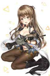 Rule 34 | 1girl, :d, assault rifle, black footwear, black gloves, black pantyhose, blush, boots, breasts, brown hair, cleavage, fingerless gloves, girls&#039; frontline, gloves, green eyes, gun, highres, holding, holding gun, holding weapon, k2 (girls&#039; frontline), knee boots, looking at viewer, medium breasts, narae, one side up, open mouth, pantyhose, rifle, sidelocks, simple background, sitting, smile, solo, thighband pantyhose, weapon, white background, yokozuwari