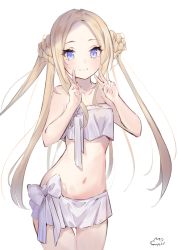 Rule 34 | 1girl, abigail williams (fate), abigail williams (swimsuit foreigner) (fate), abigail williams (swimsuit foreigner) (third ascension) (fate), bare shoulders, bikini, blonde hair, blue eyes, blush, bow, braid, braided bun, breasts, double bun, fate/grand order, fate (series), forehead, hair bow, hair bun, highres, long hair, looking at viewer, miniskirt, navel, parted bangs, sai (saipoko), sidelocks, skirt, small breasts, smile, solo, swimsuit, twintails, very long hair, white background, white bikini, white bow