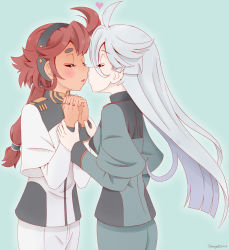 Rule 34 | 2girls, ahoge, blue background, blush, closed eyes, eyelashes, grey hair, gundam, gundam suisei no majo, holding another&#039;s wrist, imminent kiss, long hair, military, military uniform, miorine rembran, multiple girls, own hands together, ponytail, red hair, simple background, suletta mercury, uniform, variangel, yuri