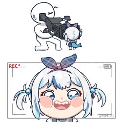Rule 34 | 1girl, 1other, :d, blue eyes, blue hair, blue hairband, blush stickers, bow, bow hairband, camera, chibi, english text, from behind, gawr gura, gawr gura (casual), grey hair, hair bobbles, hair ornament, hairband, holding, holding camera, hololive, hololive english, looking at viewer, medium hair, multicolored hair, official alternate costume, open mouth, plaid, plaid bow, plaid hairband, recording, russelmfao, sharp teeth, smile, solo, standing, streaked hair, suspenders, teeth, two side up, upper body, viewfinder, virtual youtuber, white background