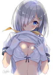 Rule 34 | 10s, 1girl, artist name, blue eyes, blush, bow, bow bra, bra, breasts, cleavage, clothes lift, dated, gloves, hair ornament, hair over one eye, hairclip, hamakaze (kancolle), head tilt, highres, kantai collection, kobayashi chisato, large breasts, lifting own clothes, looking at viewer, puffy short sleeves, puffy sleeves, school uniform, serafuku, shirt, shirt lift, short hair, short sleeves, silver hair, skirt, skirt lift, solo, underwear, upper body, white bra, white gloves