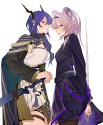 Rule 34 | 2girls, absurdres, arknights, arm behind back, black cloak, black dress, blue hair, breasts, ch&#039;en (arknights), cloak, closed mouth, commentary request, dress, from side, hair between eyes, hair over shoulder, highres, holding, holding sword, holding weapon, latutou1, lin (arknights), long hair, long sleeves, multiple girls, pink hair, profile, red eyes, simple background, small breasts, sword, weapon, white background, white dress