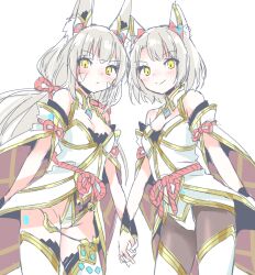 Rule 34 | 2girls, animal ears, blush, breasts, cat ears, chest jewel, cleavage, cosplay, detached sleeves, facial mark, highleg, highleg leotard, holding hands, leotard, long hair, looking at viewer, low twintails, mio (xenoblade), mizuki riko, multiple girls, nia (blade) (xenoblade), nia (blade) (xenoblade) (cosplay), nia (xenoblade), official alternate costume, pantyhose, short hair, simple background, small breasts, thighhighs, twintails, very long hair, xenoblade chronicles (series), xenoblade chronicles 2, xenoblade chronicles 3, yellow eyes