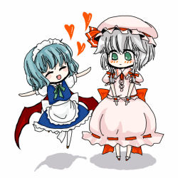 Rule 34 | 2118, 2girls, :d, ^ ^, alternate costume, bat wings, blush, chibi, closed eyes, clothes change, cosplay, costume switch, enmaided, fang, female focus, heart, izayoi sakuya, izayoi sakuya (cosplay), low wings, maid, multiple girls, open mouth, remilia scarlet, remilia scarlet (cosplay), short hair, simple background, sketch, smile, touhou, white background, wings