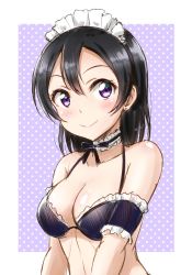 Rule 34 | 1girl, bare shoulders, black hair, blush, breasts, ckst, cleavage, highres, looking at viewer, love live!, love live! sunshine!!, maid headdress, medium breasts, purple eyes, smile, solo, upper body, watanabe tsuki