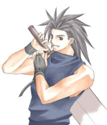 Rule 34 | 1boy, alternate costume, arm up, bad id, black eyes, black gloves, black hair, black wristband, blue shirt, buster sword, final fantasy, final fantasy vii, fingerless gloves, gloves, grin, hands up, happy, looking to the side, lowres, male focus, medium hair, muscular, muscular male, rendezvous, shirt, simple background, single fingerless glove, sleeveless, sleeveless shirt, sleeveless turtleneck, smile, solo, spiked hair, sword, turtleneck, turtleneck shirt, upper body, weapon, weapon on back, white background, zack fair