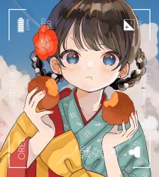 Rule 34 | 1girl, :t, black hair, blue eyes, blush, braid, cloud, day, earrings, eating, female focus, flower, food, hair flower, hair ornament, hibiscus, highres, holding, holding food, japanese clothes, jewelry, kimono, looking at viewer, maple (abc2215), nail polish, original, outdoors, print kimono, recording, red nails, sata andagi, solo, viewfinder