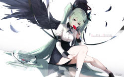 Rule 34 | 1girl, angel wings, asahi kuroi, black feathers, black shirt, black skirt, black wings, bowl, candy, commentary, cross hair ornament, dutch angle, eating, falling feathers, feathered wings, feathers, food, green eyes, green hair, hair ornament, hairclip, halo, hand on own thigh, hatsune miku, highres, holding, holding candy, holding food, holding lollipop, lollipop, long hair, looking at viewer, miniskirt, puffy sleeves, reflection, shirt, signature, sitting, skirt, twintails, very long hair, vocaloid, white background, wings