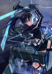 Rule 34 | 1girl, adapted costume, black hair, black rock shooter, black rock shooter (character), blue eyes, boots, cape, cityscape, cosplay, crossover, dual wielding, frown, glowing, glowing eye, holding, hood, hoodie, long hair, looking at viewer, meteor, night, shingeki no kyojin, shorts, sky, solo, spark (sandro), star (sky), starry sky, sword, three-dimensional maneuver gear, twintails, weapon