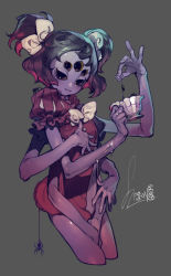 Rule 34 | 1girl, arthropod girl, black hair, bow, bowtie, bug, closed mouth, colored skin, cropped legs, cup, dress, extra arms, extra eyes, fang, fang out, grey background, hair bow, hand up, highres, insect girl, looking at viewer, monster girl, muffet, pigeon666, puffy short sleeves, puffy sleeves, purple skin, red dress, short dress, short sleeves, signature, simple background, smile, solo, spider, spider girl, standing, teacup, twintails, undertale, white bow, white bowtie