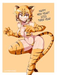 Rule 34 | 1girl, 2022, animal ears, animal print, artist name, ass, bikini, blush, breasts, cat ears, cat tail, chinese zodiac, curvy, dated, fang, furry, happy new year, highres, jumping, large breasts, looking at viewer, lucyfer, medium hair, nail polish, navel, new year, original, ponytail, shiny clothes, simple background, sprite art, swimsuit, tail, thong bikini, tiger ears, tiger print, tiger tail, tuka (lucyfer), v, white bikini, wide hips, year of the tiger, yellow eyes