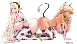 Rule 34 | 2girls, animal print, artist request, ass, ass-to-ass, ass press, blonde hair, blue eyes, blush, breasts, cerestia of life, character request, cow horns, cow print, cow tail, cum, cum on ass, cum on body, cum on breasts, cum on upper body, dark-skinned female, dark elven forest ranger, dark skin, elbow gloves, gloves, highres, horns, huge breasts, last origin, long hair, multiple girls, narabi, nipples, pointy ears, purple eyes, tail, thighhighs, white background