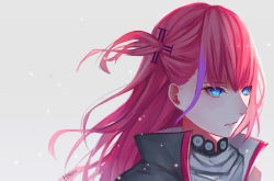 Rule 34 | 1girl, artist name, blue eyes, choker, collared jacket, floating hair, from side, girls&#039; frontline, grey background, hair ornament, hirein, jacket, long hair, looking away, multicolored hair, one side up, parted lips, pink hair, scarf, shirt, sidelocks, snow, snowing, solo, st ar-15 (girls&#039; frontline), streaked hair, wind, wind lift