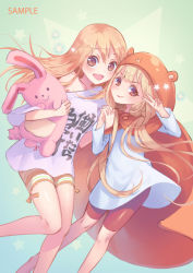 Rule 34 | 2girls, :d, animal costume, blonde hair, blunt bangs, brown eyes, clothes writing, cosplay, costume switch, crossover, deme (karesuki), doma umaru, futaba anzu, hamster costume, himouto! umaru-chan, holding hands, hood, idolmaster, idolmaster cinderella girls, interlocked fingers, long hair, looking at viewer, multiple girls, off shoulder, open mouth, shirt, smile, star (symbol), starry background, stuffed animal, stuffed rabbit, stuffed toy, t-shirt, thigh strap, trait connection, twintails, v, you work you lose