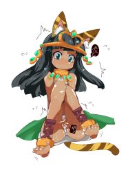 Rule 34 | 1girl, :&lt;, ^^^, animal ears, anklet, bare shoulders, barefoot, bastet (p&amp;d), between legs, black hair, blunt bangs, blush, cat ears, cat tail, collar, covering crotch, covering privates, dark-skinned female, dark skin, flying sweatdrops, frown, full body, gold, green eyes, hand between legs, have to pee, highres, hime cut, jewelry, knees to chest, knees together feet apart, own hands clasped, own hands together, panties, puzzle &amp; dragons, simple background, solo, striped clothes, striped panties, sweat, t=k, tail, tears, tiara, toe scrunch, toes, trembling, underwear, white background