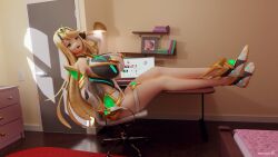Rule 34 | 1girl, 3d, :o, alternate breast size, armor, bed, blonde hair, boots, breasts, chair, computer, door, fingerless gloves, full body, gloves, hand on own face, highres, huge breasts, lamp, legs on table, minmax3d, mythra (xenoblade), open mouth, photo (object), room, sitting, table, xenoblade chronicles (series), xenoblade chronicles 2, yellow eyes