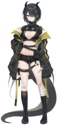 Rule 34 | + +, 1girl, absurdres, bandaged leg, bandages, bandaid, bandaid on knee, bandaid on leg, bikini, bikini top only, biya (1024), black bikini, black coat, black eyes, black footwear, black gloves, black hair, black shorts, black socks, black sweater, blunt bangs, boots, breasts, bridal garter, cleavage, closed mouth, coat, commentary, commission, dragon girl, dragon horns, dragon tail, ear piercing, fingerless gloves, full body, gloves, goggles, goggles around neck, hair ornament, hair over one eye, hairclip, hand on own hip, highres, horns, knee boots, kneehighs, long sleeves, looking at viewer, navel, off shoulder, open clothes, open coat, original, piercing, pouch, ribbed sweater, scales, short hair with long locks, short shorts, shorts, shrug (clothing), sidelocks, simple background, single kneehigh, single sock, skindentation, socks, solo, standing, sweater, swimsuit, tachi-e, tail, thigh pouch, turtleneck, turtleneck sweater, white background