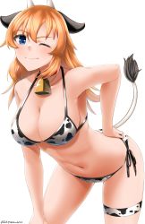 Rule 34 | 1girl, absurdres, animal ears, animal print, bell, bikini, blue eyes, blush, breasts, charlotte e. yeager, chinese zodiac, cleavage, closed mouth, collar, cow ears, cow girl, cow horns, cow print, cow tail, fake animal ears, fake horns, hand on own hip, highres, hiroshi (hunter-of-kct), horns, large breasts, looking at viewer, navel, neck bell, one eye closed, orange hair, side-tie bikini bottom, simple background, smile, solo, strike witches, swimsuit, tail, white background, world witches series, year of the ox