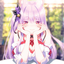 Rule 34 | 1girl, animal ears, blush, breasts, closed mouth, commission, detached sleeves, fingernails, fox ears, hair between eyes, hair ornament, head on hand, japanese clothes, kamishiro natsume, large breasts, light purple hair, long hair, looking at viewer, melty+, nail polish, purple nails, red eyes, skeb commission, smile, solo, virtual youtuber, zpolice