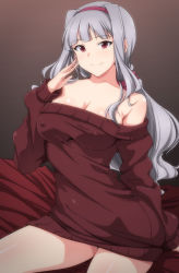 Rule 34 | 1girl, bare shoulders, blush, breasts, brown background, brown sweater, closed mouth, covered erect nipples, gradient background, hairband, idolmaster, idolmaster (classic), large breasts, long hair, looking at viewer, low ponytail, off-shoulder sweater, off shoulder, ponytail, purple eyes, shijou takane, sidelocks, silver hair, sitting, smile, solo, sweater, tengu (tetuo kun)