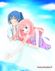 Rule 34 | 00s, 1boy, 1girl, :d, bare shoulders, blue eyes, blue hair, brown eyes, dress, expressionless, looking at viewer, macross, macross frontier, open mouth, outdoors, pink hair, ponytail, pool, purple dress, saotome alto, sheryl nome, sky, sleeveless, sleeveless dress, smile, striped, sundress, vertical stripes, water