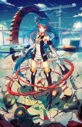 Rule 34 | 1girl, anime revolution, bare shoulders, blue hair, boots, chain-link fence, cloud, dual wielding, fence, gears, gloves, ground shatter, highres, holding, long hair, mascot, megaphone, original, pigeon-toed, ponytail, red eyes, rooftop, senkaku mei, shorts, sky, smile, softmode, solo, thigh boots, thighhighs, very long hair, yellow thighhighs