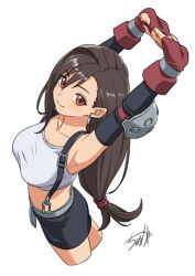 Rule 34 | 1girl, armpits, arms behind head, artist name, ass, breasts, brown hair, cleavage, final fantasy, final fantasy vii, fingerless gloves, gloves, highres, large breasts, legs, long hair, looking at viewer, midriff, orange eyes, skirt, smile, solo, square enix, suspenders, tank top, thighs, tifa lockhart, tyuga